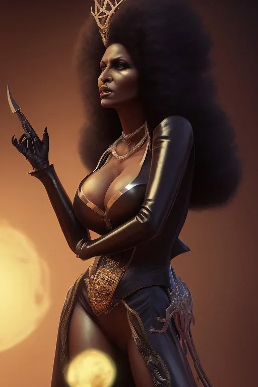 Pam Grier as evil queen in black leather, leather, busty, cleavage, angry, stern look. character design by cory loftis, fenghua zhong, ryohei hase, ismail inceoglu and ruan jia. unreal engine 5, artistic lighting, highly detailed, photorealistic, fantasy.