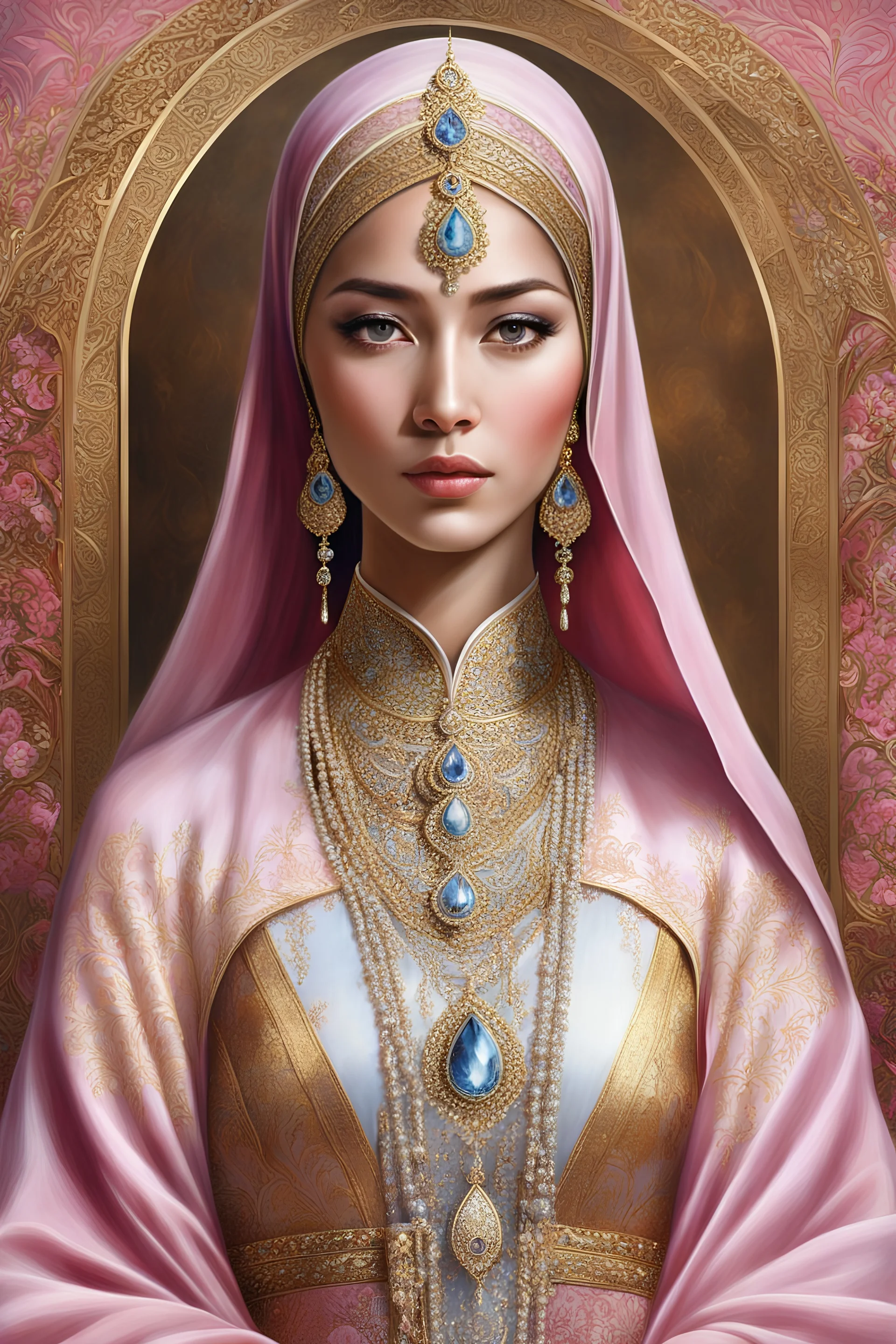 diamond painting with fine detailing,to his full height, beautiful oriental woman, beautiful almond-shaped eyes, oriental clothes, burqa, pink, gold, heavy jewelry, filigree photorealism, clarity and depth of color of the frame high detail, dynamic, bohemian, surrealism, realistic, high quality, glamor pastel, hyper detail beautiful location