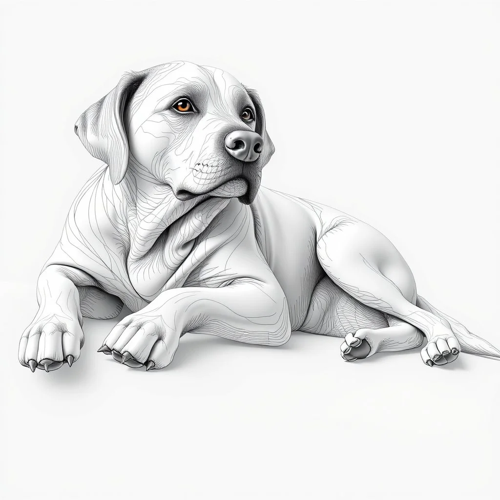 a black and white 3D image of a light brown labrador lying down, surreal and otherworldly, intricate linework, mind-bending composition, intricate patterns in the fur,masterful use of light and shadow,masterful use of light and shadow,masterful use of light and shadow, dreamlike quality, detailed linework akin to Moebius, intricate details, vibrant and contrasting colors, Artstation for showcasing.