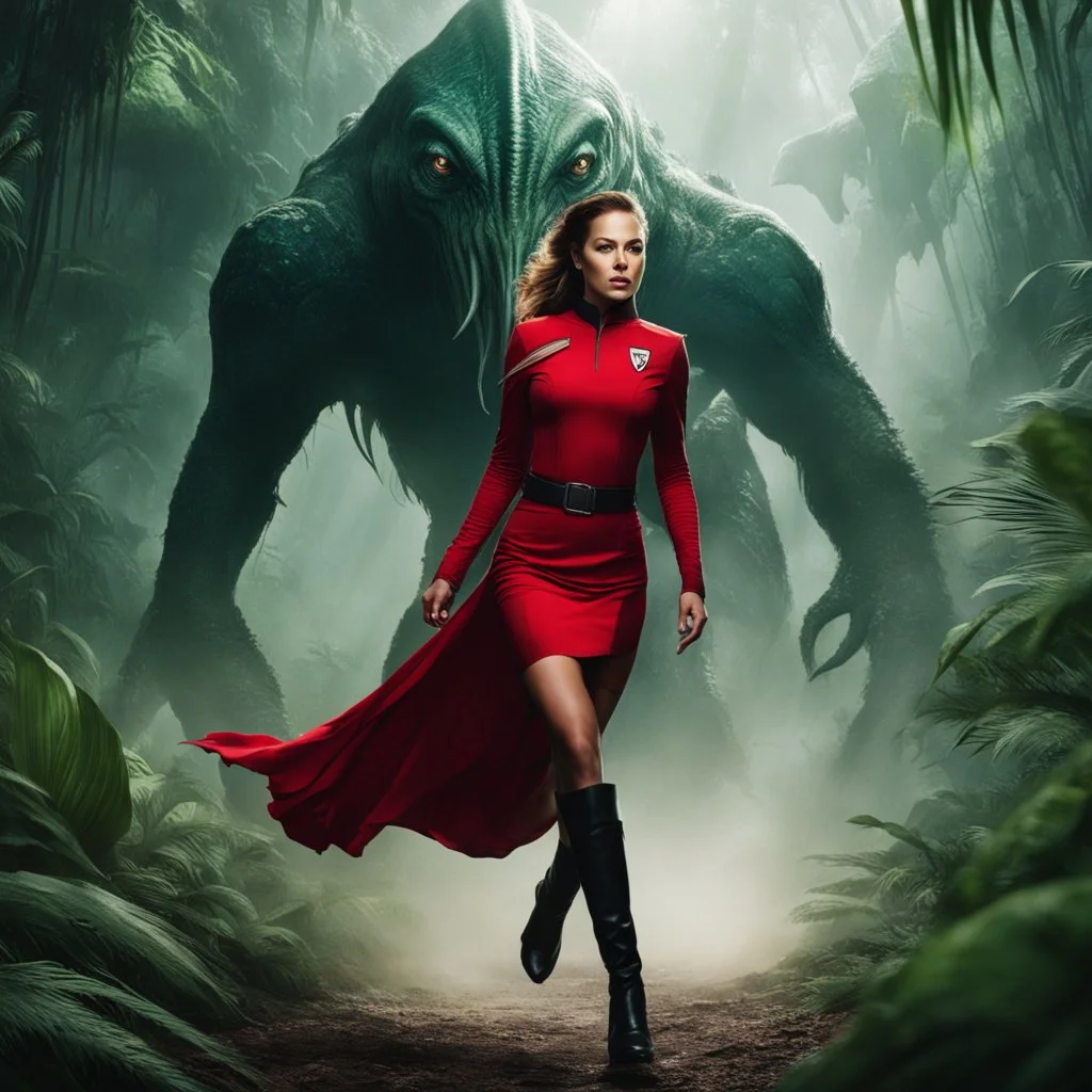 a woman Star Trek security officer with short red dress and dark high boots, she is running fast, to escape a monster. The monster looks like Cthulhu, in the wild jungle