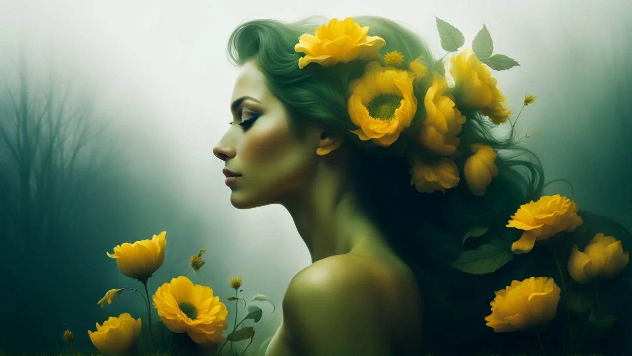 mother nature in a form of a beautiful woman, side portrait , a lot of flowers, very smooth colors, dark green and yellow, fog