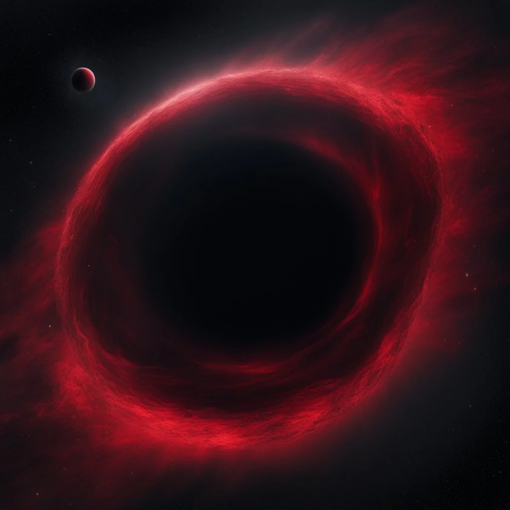 an ominous deep red and black black hole floating in deep space