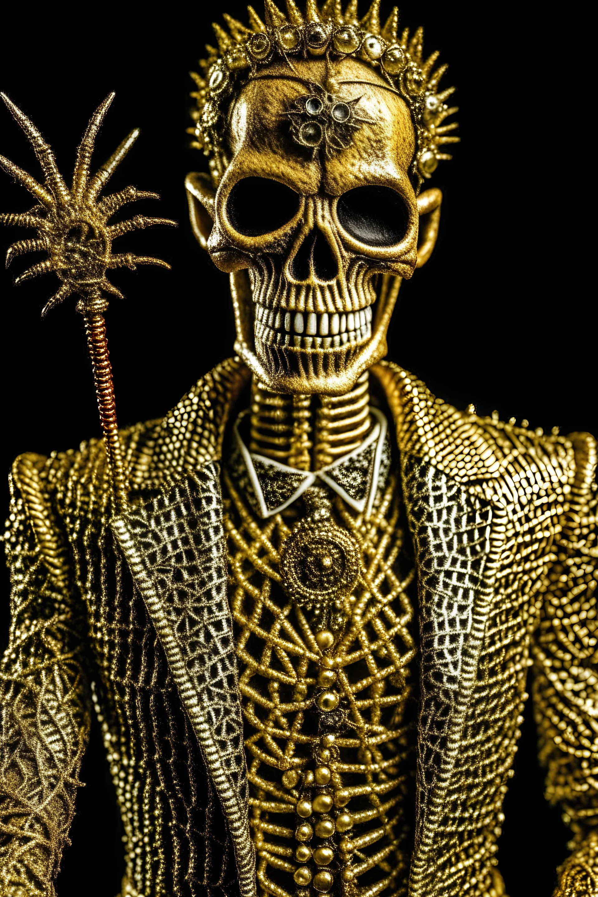 a skeleton in a suit holding a skull, with spikes, in the style of techno shamanism, made of wire, mixes realistic and fantastical elements, dracopunk, intricate costumes, splattered/dripped, close up