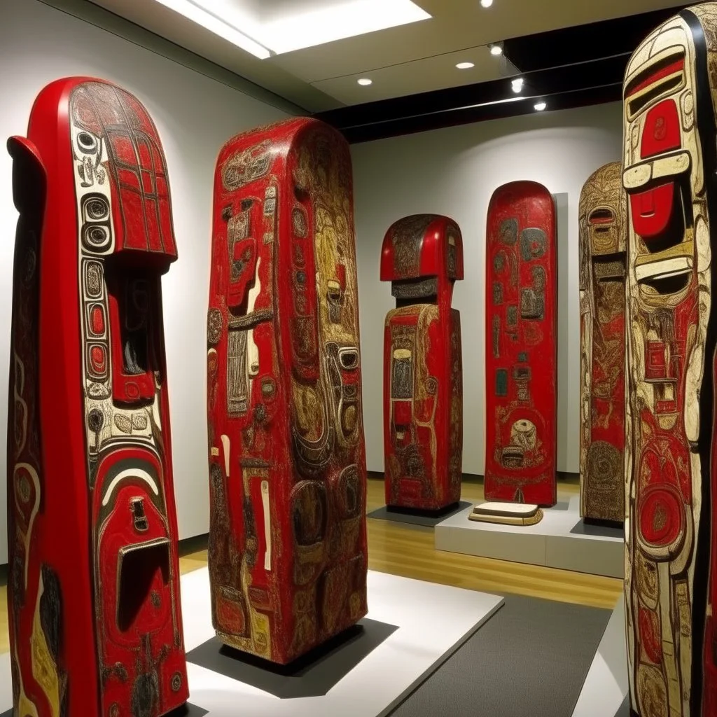 A red rotting boneyard designed in designed in Maori sculptures painted by Jean Dubuffet