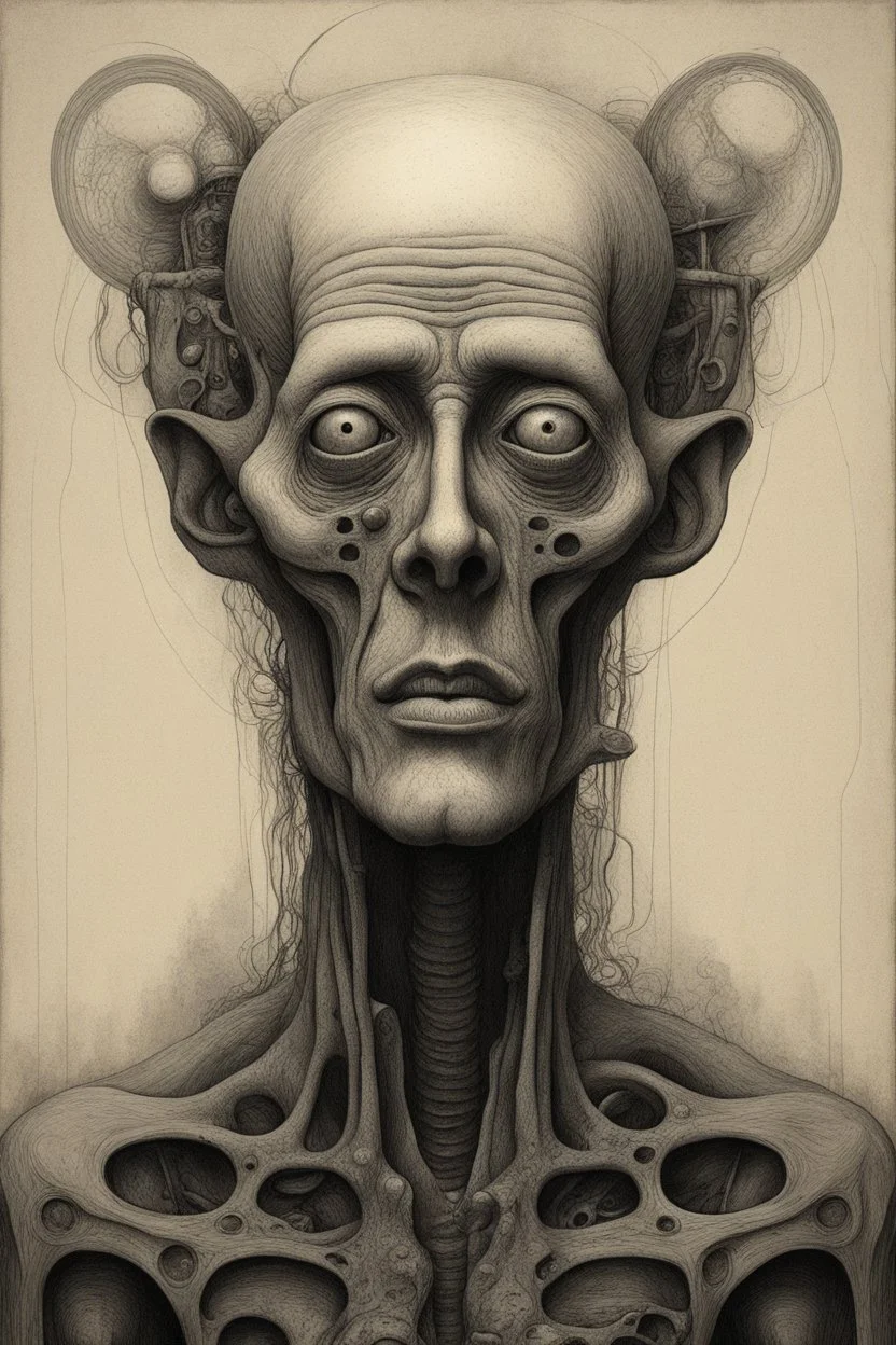The full body of strange face on an old men , a thin line draw ، Siamese brothers with body front view camera, decayed and rotting with grotesque proportions and imagery. surreal horror, biomechanical design, by hr giger and beksinski , fine lines draw