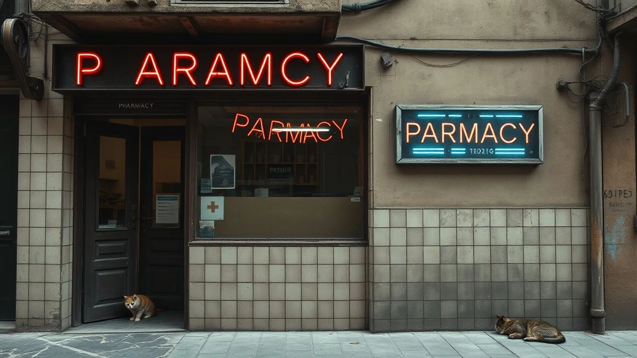 Facade of an old pharmacy with broken tiles and a faded neon sign. Urban pictorial realism, muted earthy palette, frontal composition. A sense of vivid memory and absence charged with presence. A cat dozes in the doorway.