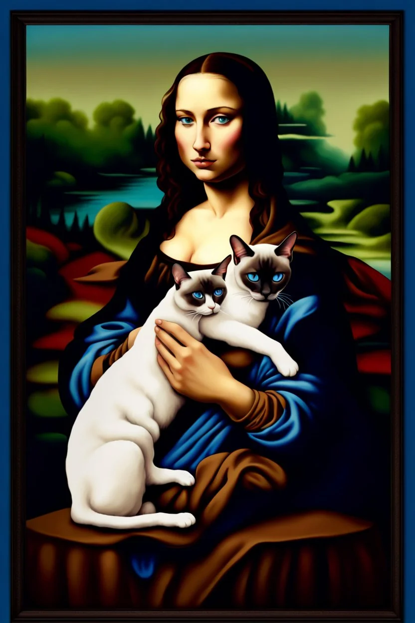 Mona lisa holding Siamese cat with blue eyes in art style of Botticelli artwork Modifiers: highly detailed 8k beautiful colourful matte background Michelangelo acrylic art aesthetically perfect facial features Siamese cat Chocolate point color Blue eyes only Sphynx cat