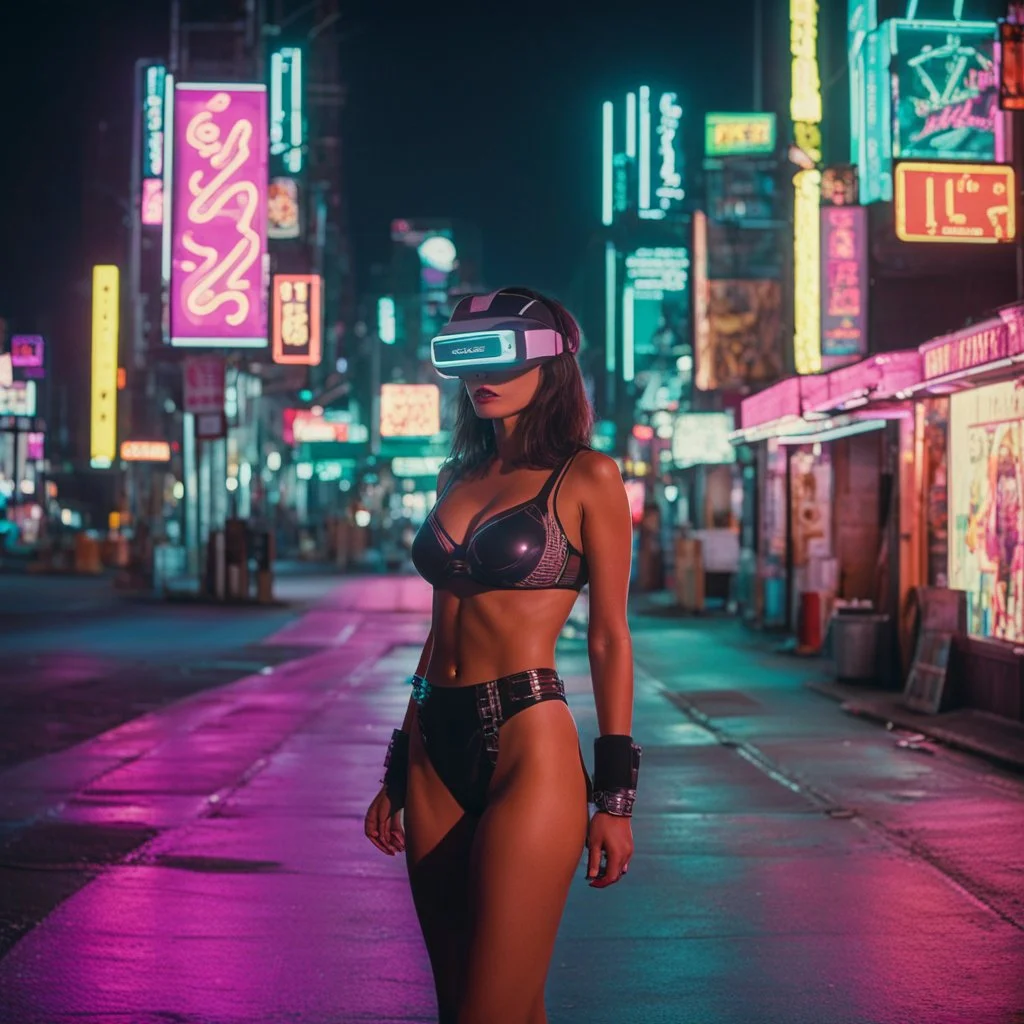 street photography of a woman on the street, night time, cyberpunk neon lights, 16mm , perfect photography, 1980's,vhs footage,wearing futuristic VR,bikini,low light,shot by jvc gr-sz7,glitch,back to the future