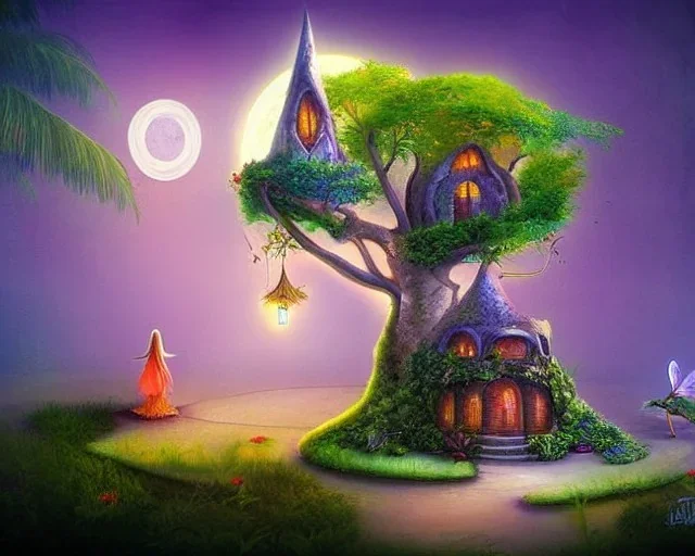 mystical house on a hot tropical island, fantasy art, surreal art, beautiful little fairies sitting on the trees,