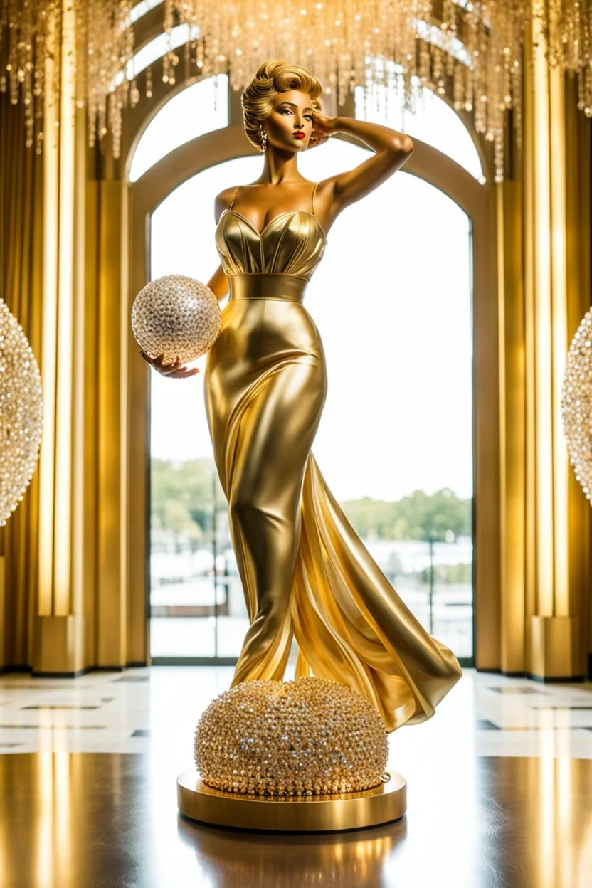 A magnificent cristal and gold heart-shaped sign adorned with a stunning berliant sphere encrusted with sparkling diamond clusters at its center, elegantly spinning in position,a golden statue of a girl in standing pose,wearing 1960 clothing