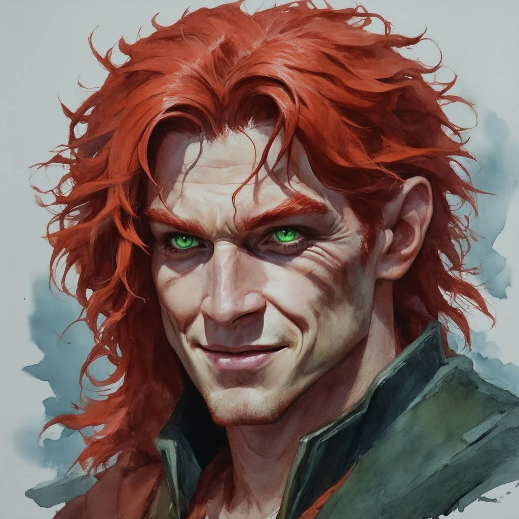 dnd, fantasy, watercolour, portrait, illustration, stylistic, male, face, green eyes, determined, happy, red hair, very long hair, radiating light, five o'clock shadow