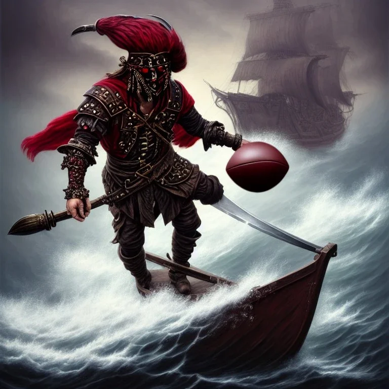 a pirate warrior in dark red full armor and mask, on his ship, holding a football, a highly detailed illustration, background of giant crashing ocean waves, realistic render, 8 k, micro detail, intricate, elegant, centered, digital painting, Artstation, smooth, sharp focus, illustration, artgerm, tomasz alen kopera, peter mohrbacher, donato giancola, joseph christian leyendecker, wlop, boris vallejo