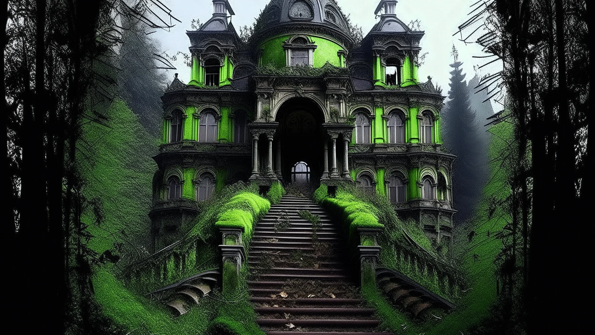 Decaying mansion embedded in pulsating radioactive rock, mutated moss glowing in the dark, chimneys belching unnaturally colored fumes, marble staircases stained by corrosive substances, trees petrified by pollution, rusty gates fused with poisonous crystals, dystopian environmental horror style