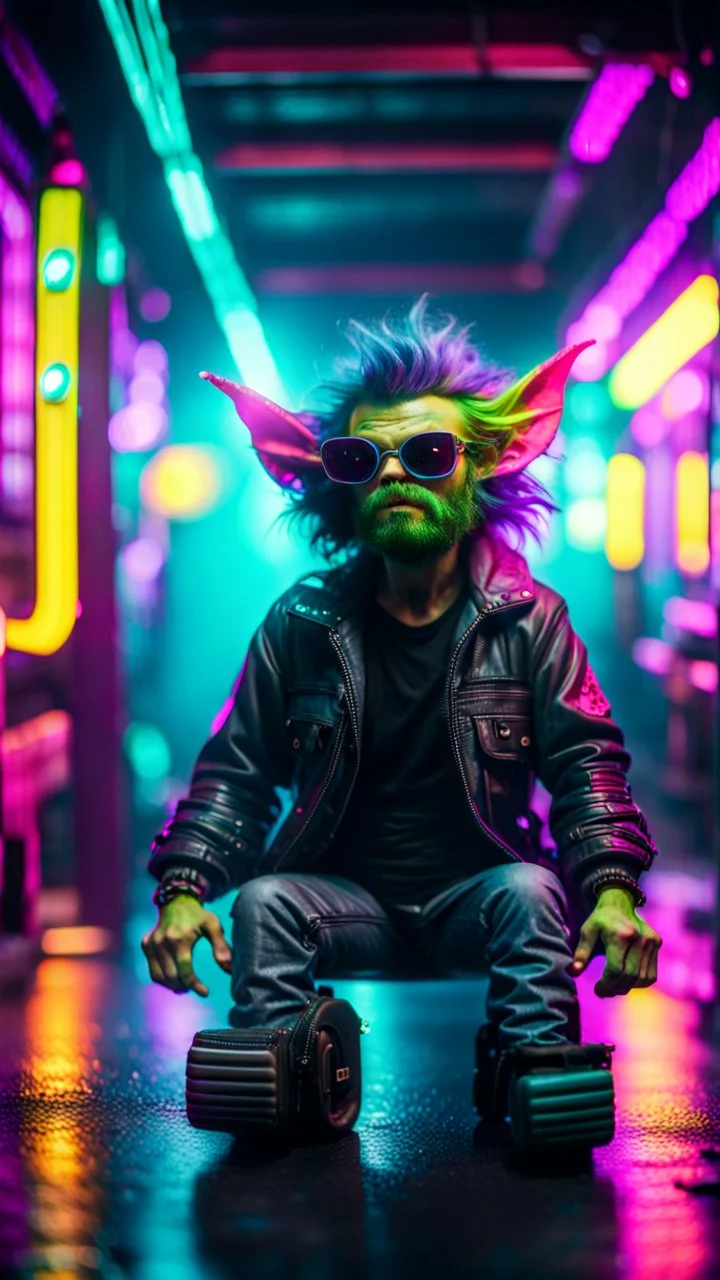 bw portrait of Hairy Gremlin pimp ninja yoga cyber punk in flying hipster tractor parked in dark neon lit reflective misty wet arcade hall tunnel,bokeh like f/0.8, tilt-shift lens 8k, high detail, smooth render, down-light, unreal engine, prize winning