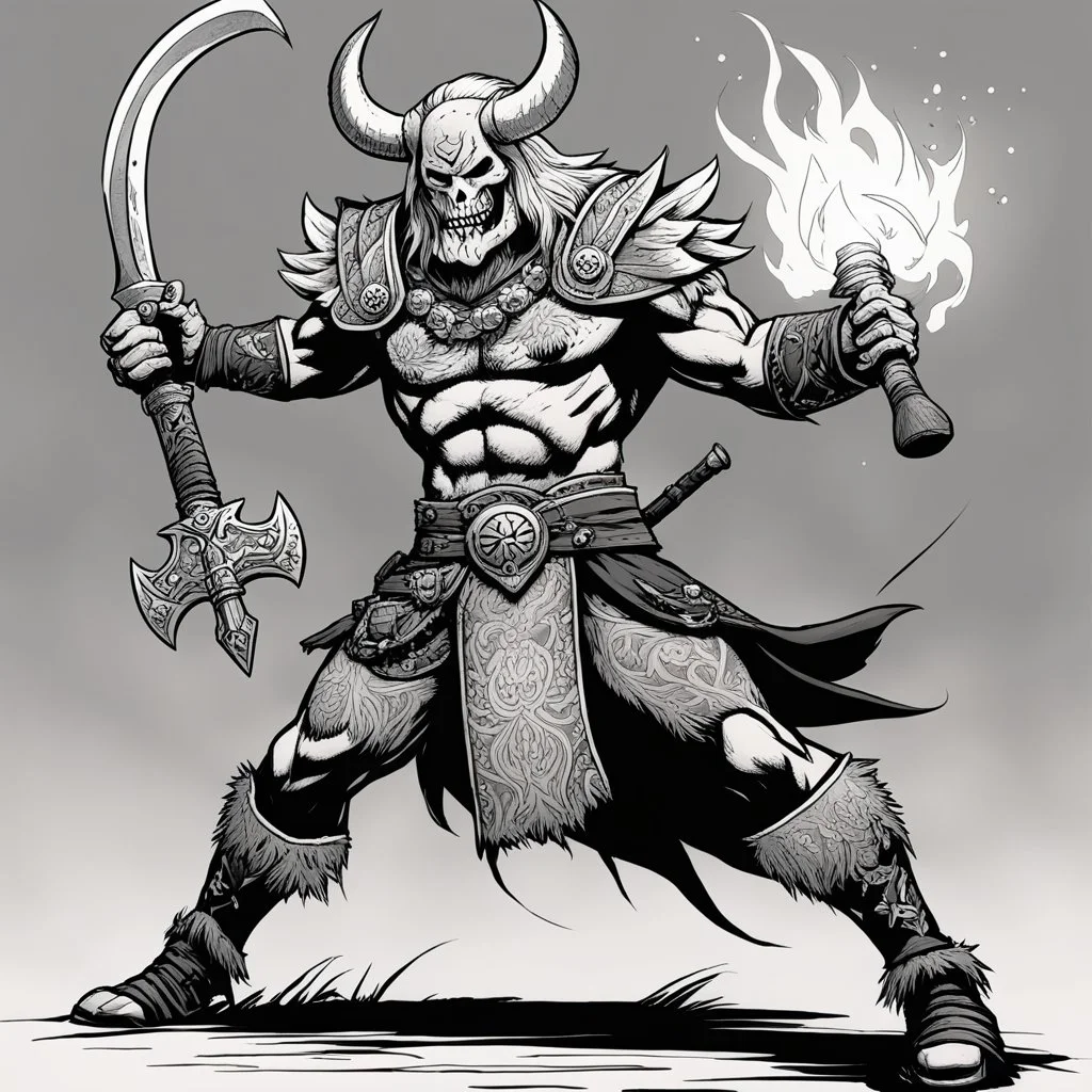 [mexican high res photo Head Lopper style by Andrew MacLean] the tattooed warrior moves with the fluid precision of someone who's spent a lifetime turning potential death into momentary survival. His weapon cleaves through the ghoul in a single, brutal stroke.