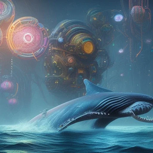 biomorphic whale morphed with electronic wiring and mixed with lighting, mermaid, Nanopunk and Biopunk with cyberpunk look,golden hour,MTG, wonderful ambient colors, hyper realistic, unreal engine 5, 8k, uhd, art by Jarosław Jaśnikowski mixed with Sheila Martin mixed with Fletch mixed with Frank Sun mixed with Anna Dittmann mixed with Alena Aenami.