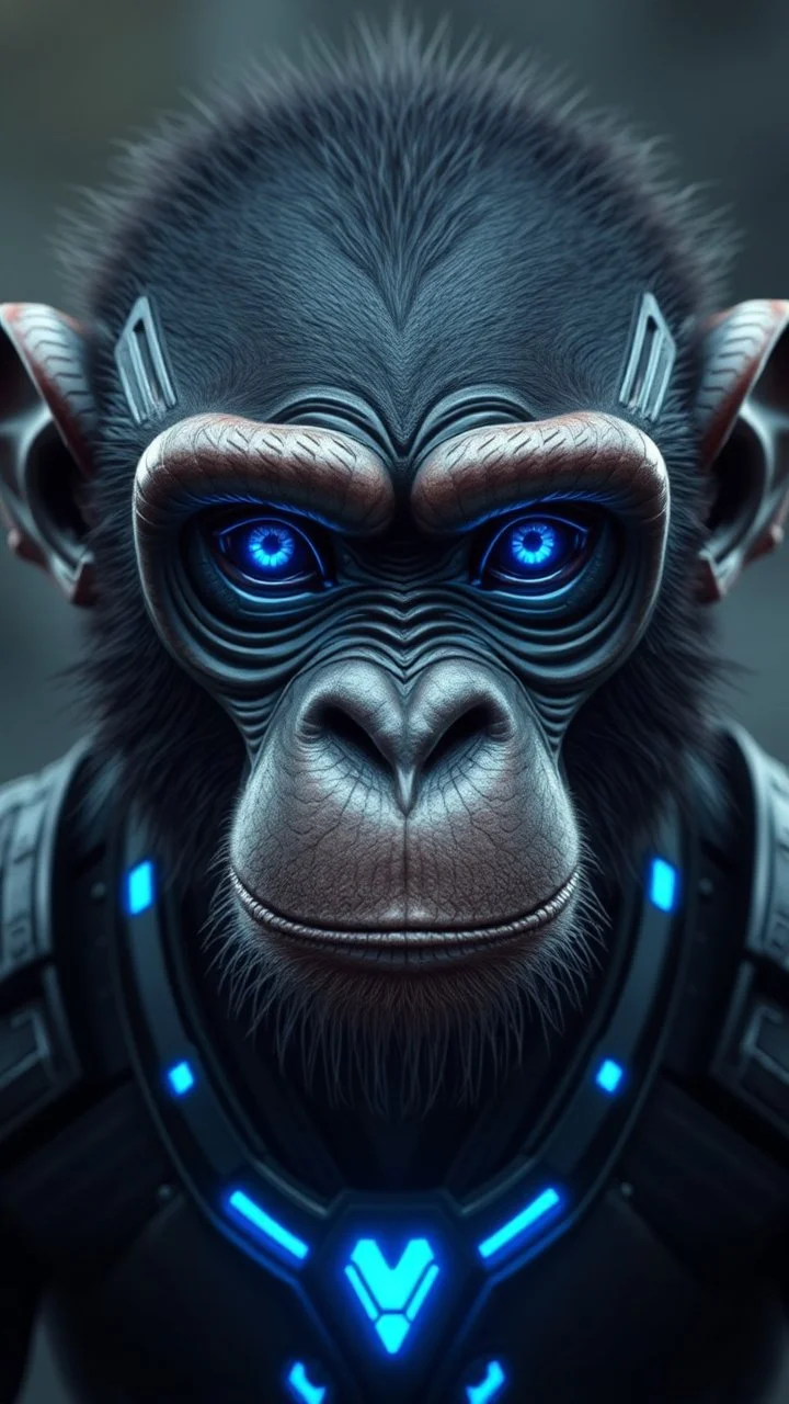 A monkey ,futuristic, with thin blue glowing eyes, made from smooth dark titanium alloy, dungeons and dragons