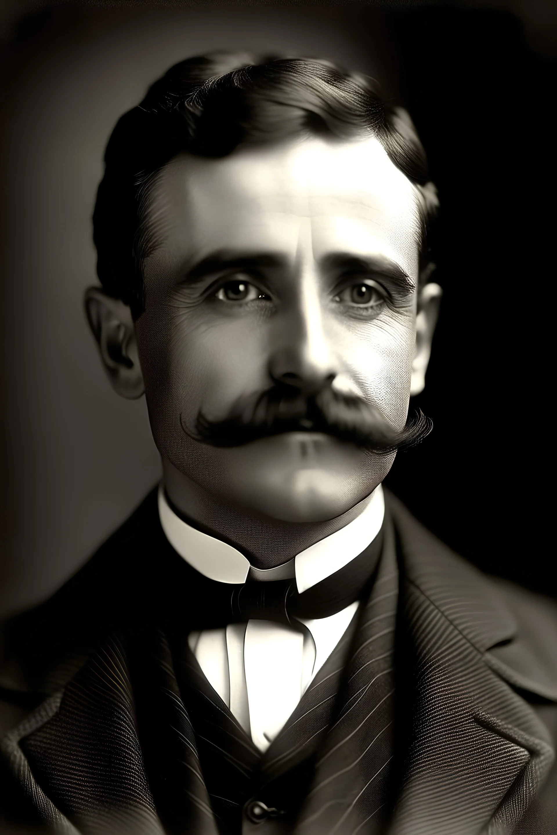 A mustachioed gentleman in elegant clothes with a slightly fake smile.