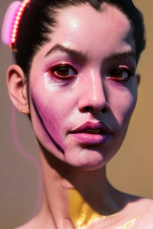 Realistic image, Rosalía artist, portrait, waist up portrait, long black eye line, sweet, gold and pink geisha style, spray glow make up, led lights, neon, led piercing nose, led ornament, fog, bubble latex coat, vibrant color, highly detailed, art stations, concept art, smooth, unreal engine 5, god rays, ray tracing, RTX, lumen lighting, ultra detail, volumetric lighting, 3d, finely drawn, high definition, high resolution.