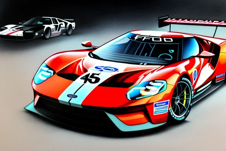 a true-to-life 2016 ford gt race car, pen and color marker, centered, intricate, extreme detailed, photorealism, center view, race track background, pivot on ford, painting by cheryl kelley