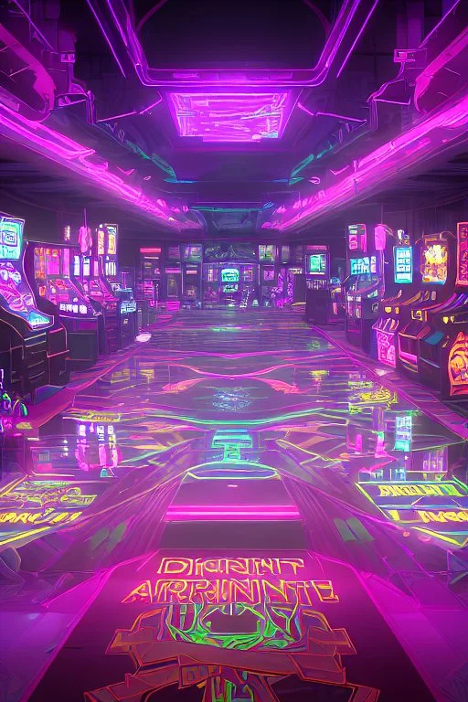 A dark photo of a full panoramic view an 80's aesthetics arcade at night, with a lot of functioning arcade machines, a vaporwave floor and some colorful tiles in between the floor. Purple aesthetics. Full panoramic view