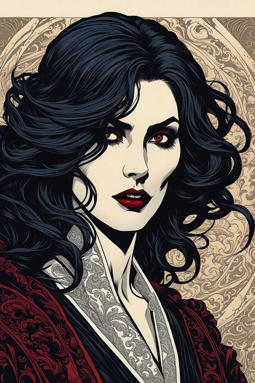 museum quality color woodblock print of a simply dressed, enigmatic, darkly visionary and disturbed Hecata female vampire with highly detailed hair and facial features , with a fine art , graphic novel aesthetic, highly detailed, finely cut ,8k render,