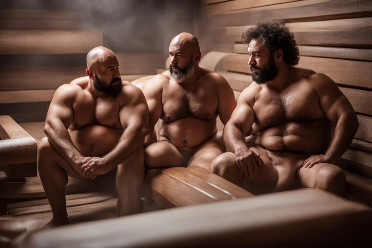 full body shot photography, two muscular chubby ugly burly marocan men , sweat, bulge, masculine hairy 43 year old man, curly hair, manly chest, curly beard ,big shoulders, big arms, big legs, bulge,, ambient occlusion , lying down sleeping in a steamy Sauna, super high resolution, 8k, dim light, side light, ultra hyper realistic, frontal view