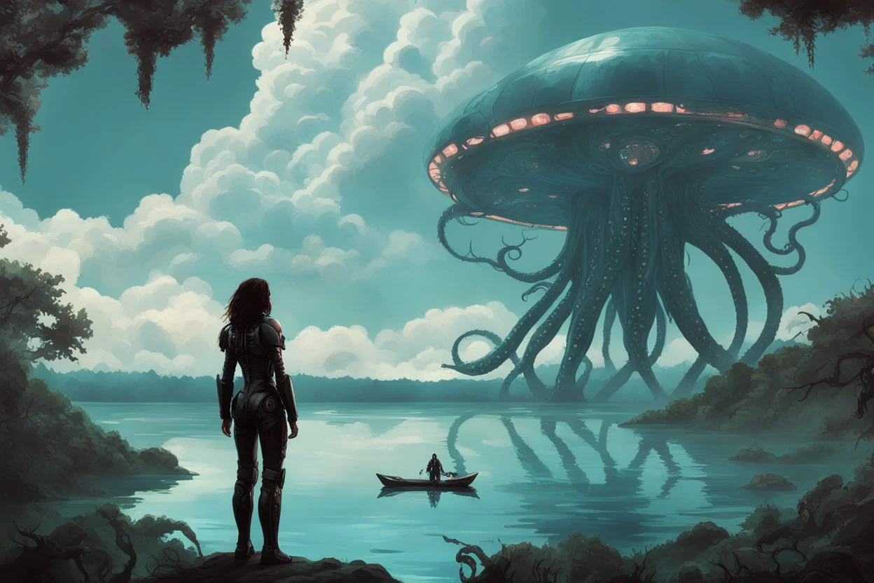 A woman with dark hair, in an android suit, looking out over a lake, in an alien forest, with tall cloud trees, flying Portuguese men of war with octopus tentacles