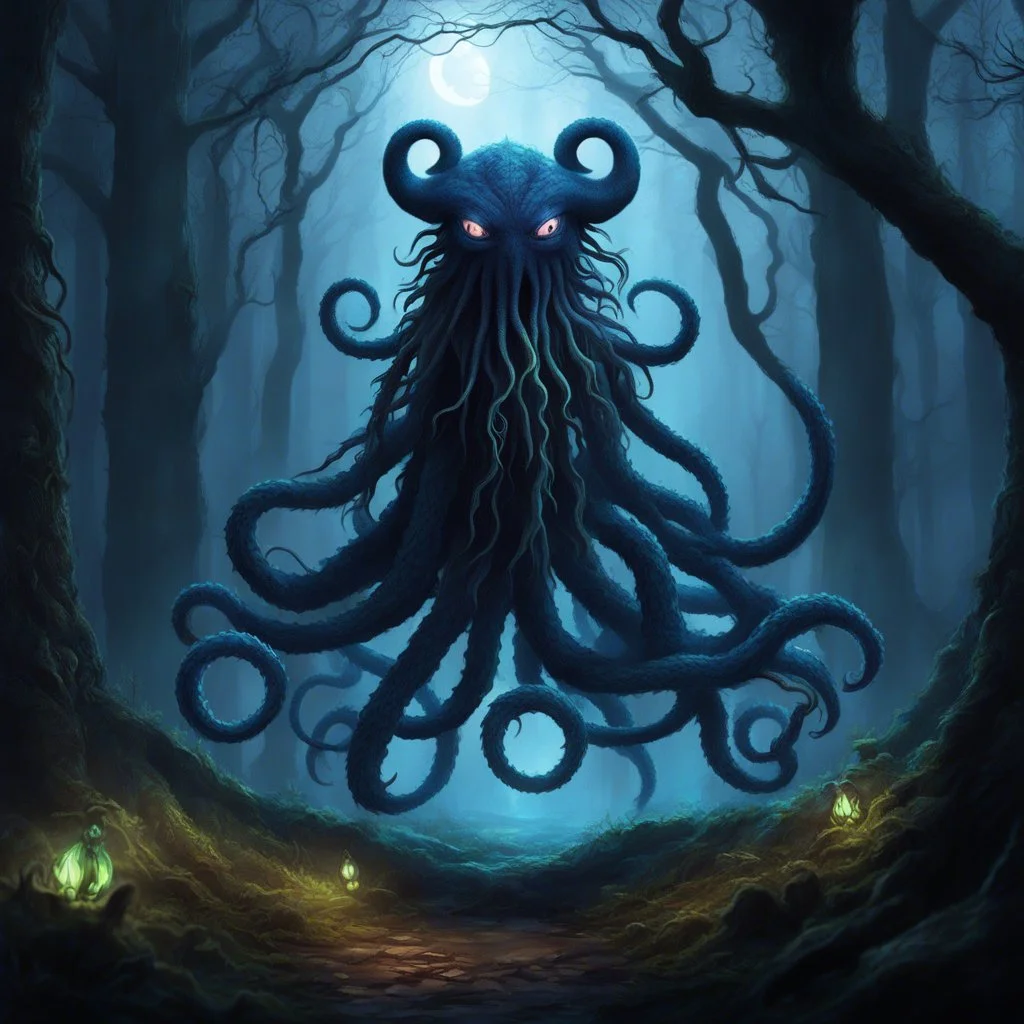 [high res photo] creature from the depths of the dark forest, a shadowy being with tentacles for arms and eyes that glow in the night. This monster wears socks in knitwear, with a pattern resembling ancient runes. The socks pulsate with an eerie energy, matching the creature's otherworldly presence.