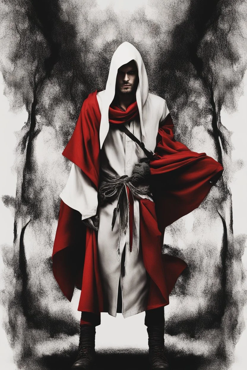 young man wearing red scarf and hood dark fantasy