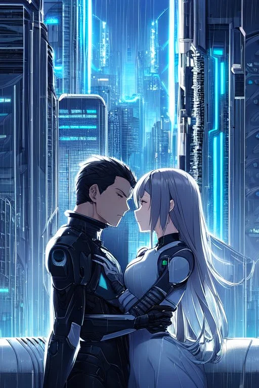 Science fiction, cyberpunk, city street, couple girl and guy, together, love, rain