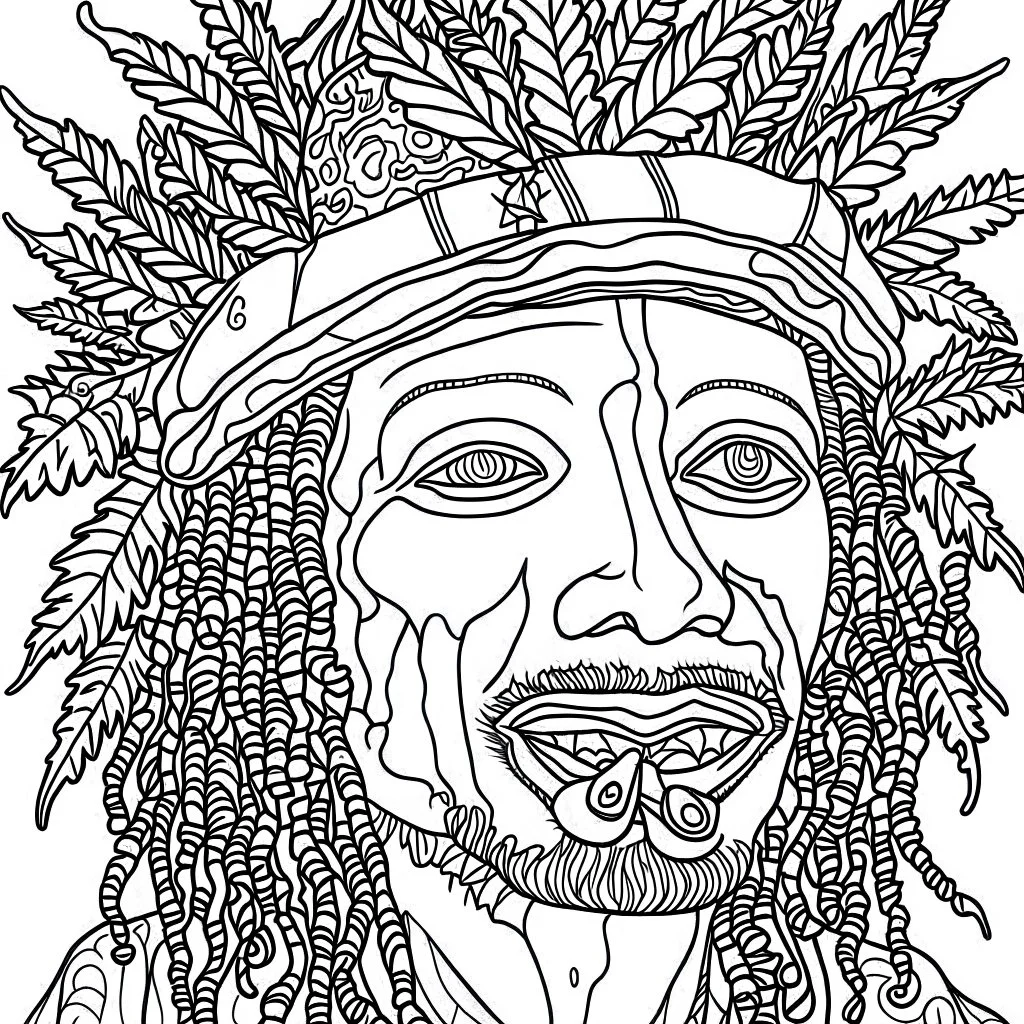 Coloring page for beginers, with "rastaman smoking marijuana", very Bold outlines and white background, anime style, minimal number of elements, very simple, not very detailed