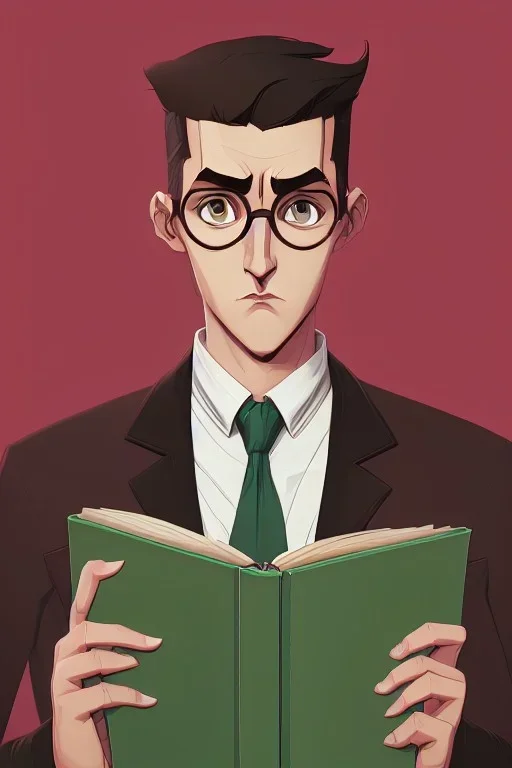 Fit man in round glasses with bookshelf in background,no beard, reading book, slim, tie, monotone, green eyes, comic book style, two tone colours, detailed, ink, realistic, handsome, square jaw, big brows, no jacket, bird on the shoulder, spotlight