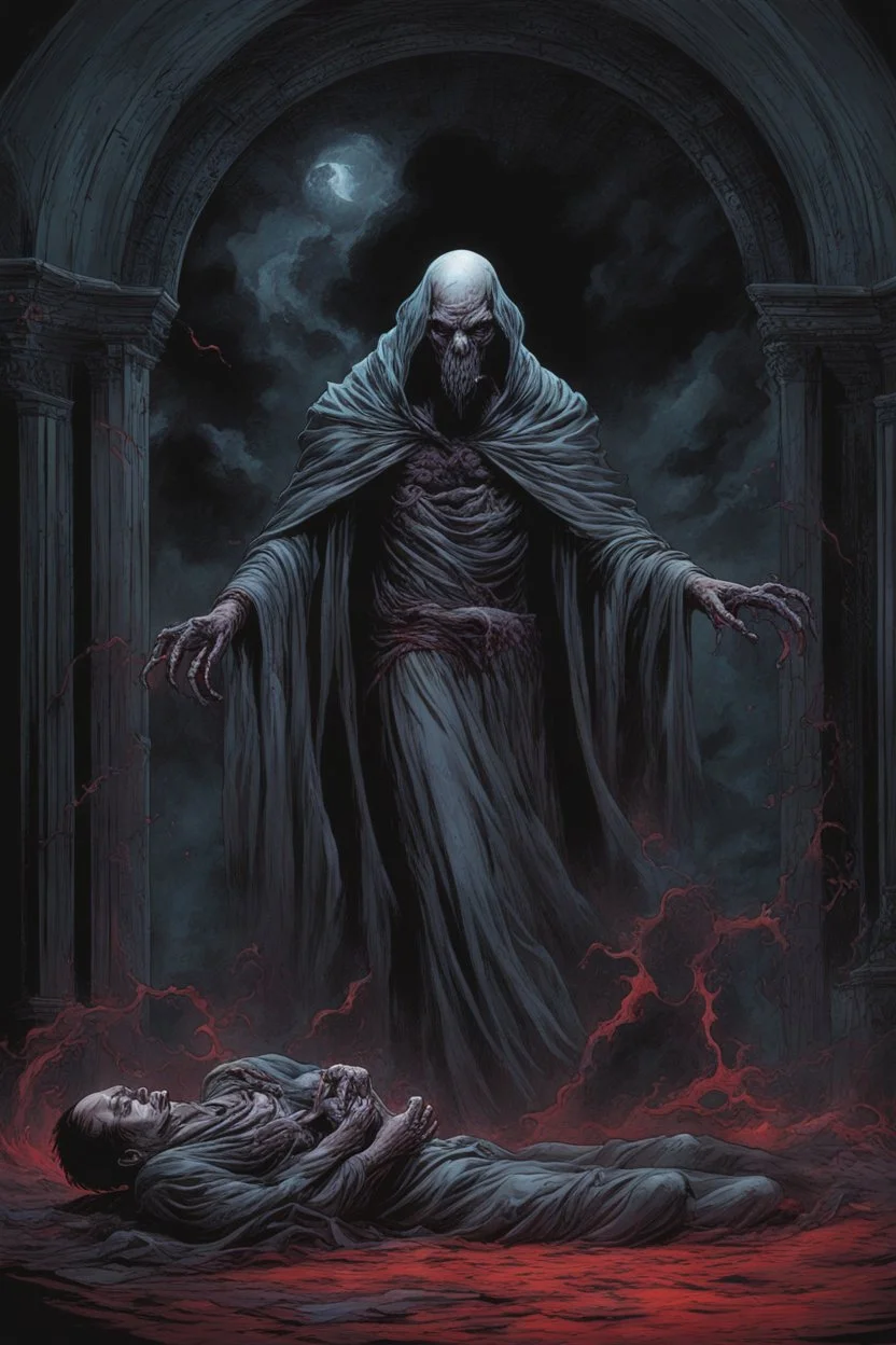 Undead mind flayer draining the blood from corpse. full body shot. fantasy and intense horror setting, Mark Brooks and Dan Mumford, comic book art, perfect, smooth