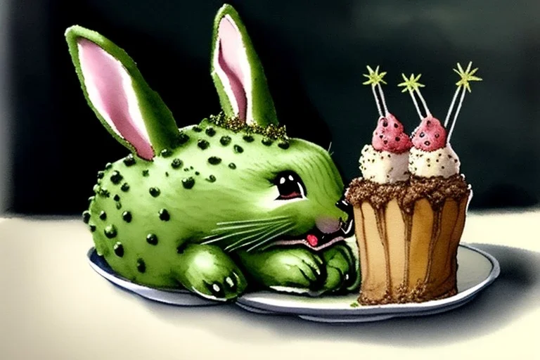 Bunny is having a birthday cake looking like a a hand grenade. Highly detailed, smooth colours, realistic landscape. Aquarell