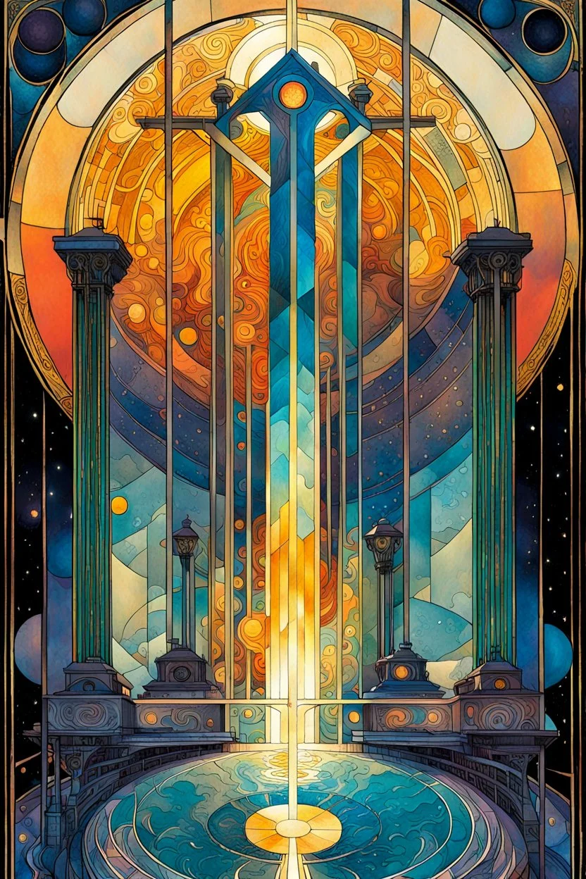 Create a chaotic abstract cubist Tarot Card depicting ,The Four of Swords , in the style of Bill Sienkiewicz, Philippe Druillet, Gustav Klimt, Alphonse Mucha, and Jean Giraud Moebius, precisely drawn, colored and inked, in muted colors, with ornate bordered edges