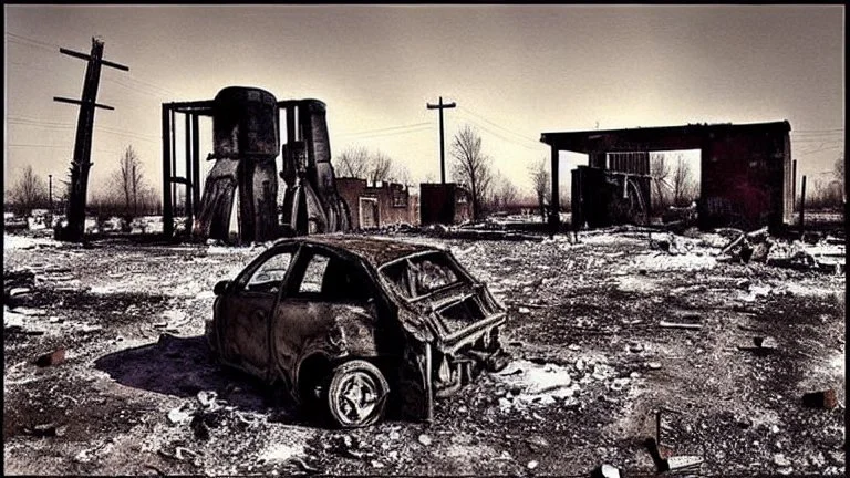 A Tesla's 'Model S Plaid' is parked, in the post-apocalyptic world of the 'Terminator' movies. CINEMATIC. WIDE ANGLE LENS. PHOTO REAL.