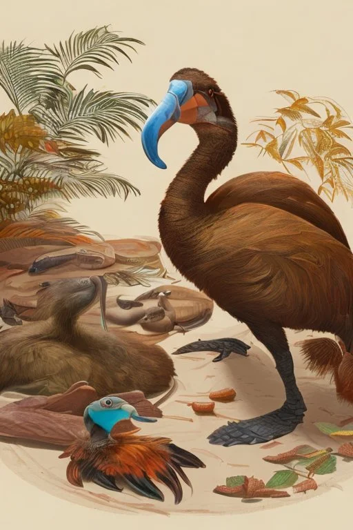 John James Audubon-like illustration of a fully uncropped Dodo bird and a Platypus in a landscape of warm yellows, warm reds, and warm blues