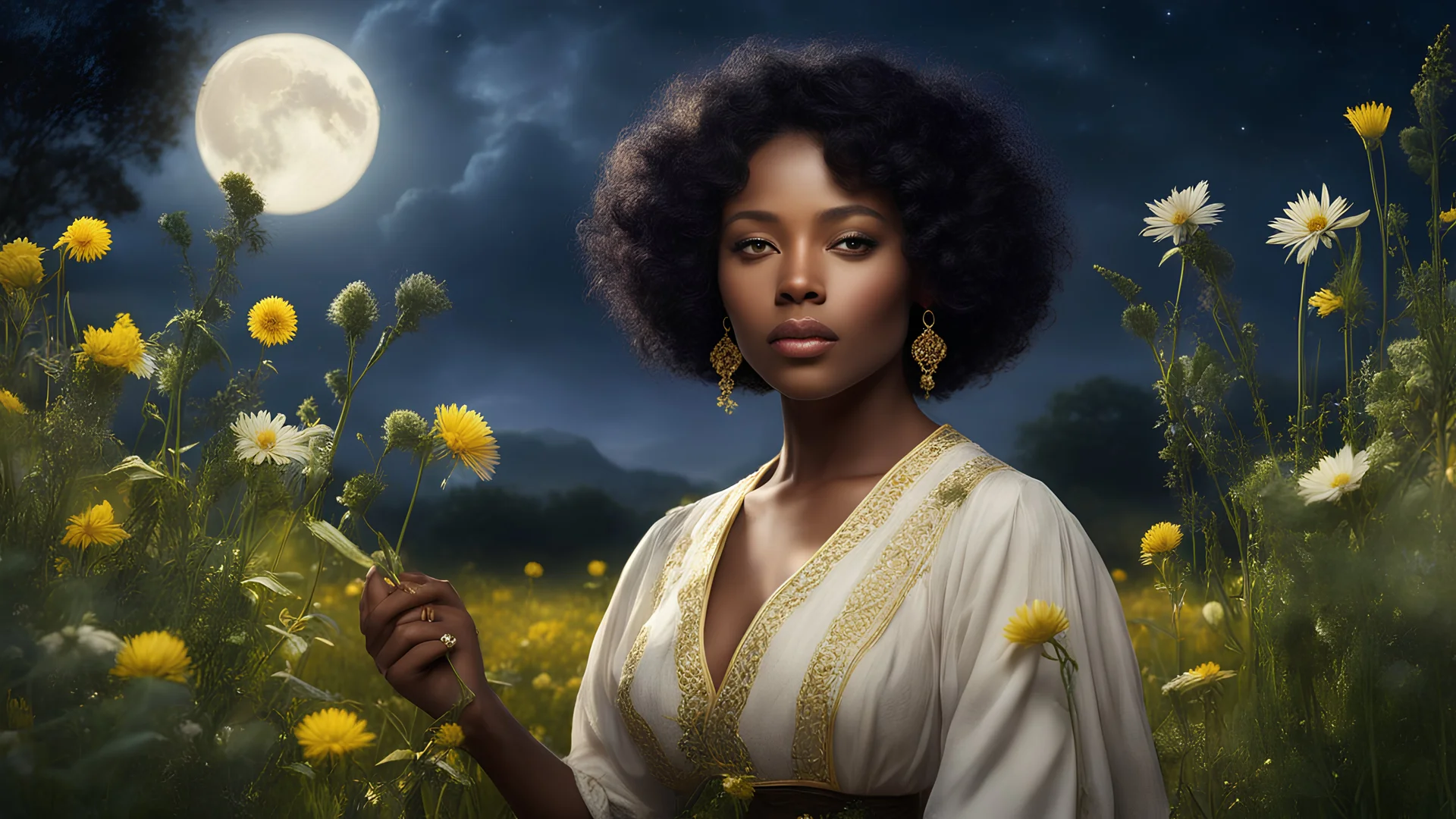 a glamorous herbalist , she is surrounded by magical herbs in a moonlit meadow, black hair, short hair, curly hair, dark-skinned female, dark skin, yellow eyes, mole under eye, ultra wide shot, thick lips, masterpiece, best quality, intricate detail, dimly light