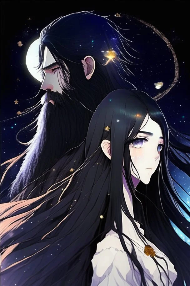 Celestial anime girl, long black hair, with bearded man