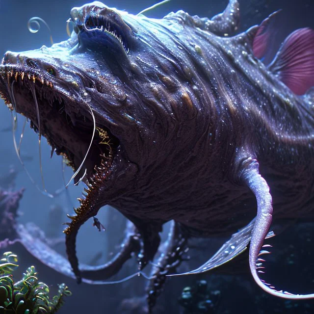 fluid ink angler fish creature, unreal engine 5, 8k resolution, photorealistic, ultra detailed