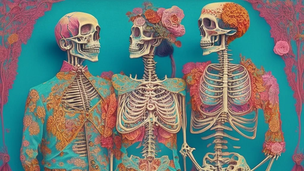 Famous partially Skeletonized Couple Posing together wearing vintage 1960's hippie clothes; neo-surrealism, Intricately Detailed, Beautiful, Colorful, award-winning, high definition, ultra-detailed, beautiful, rose tones