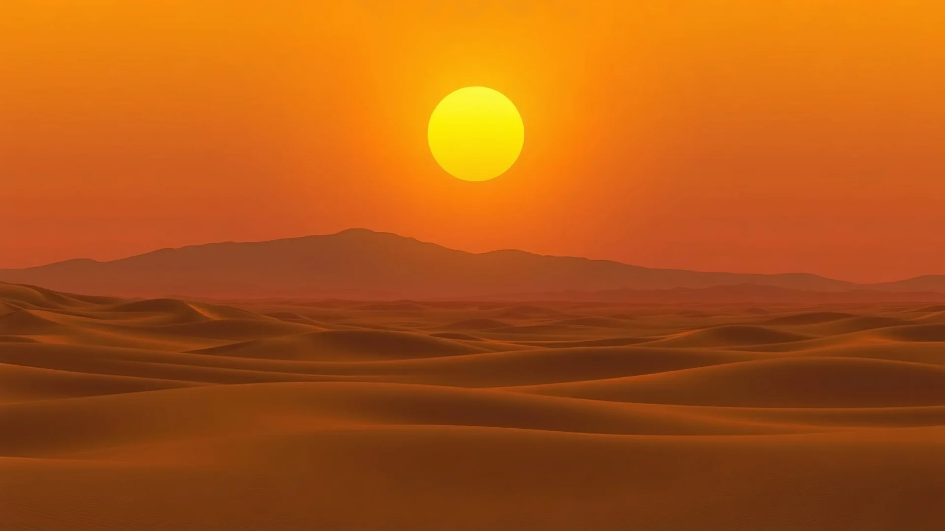 a simple background of a sunset on a desert with yellow skye and sun and mountains