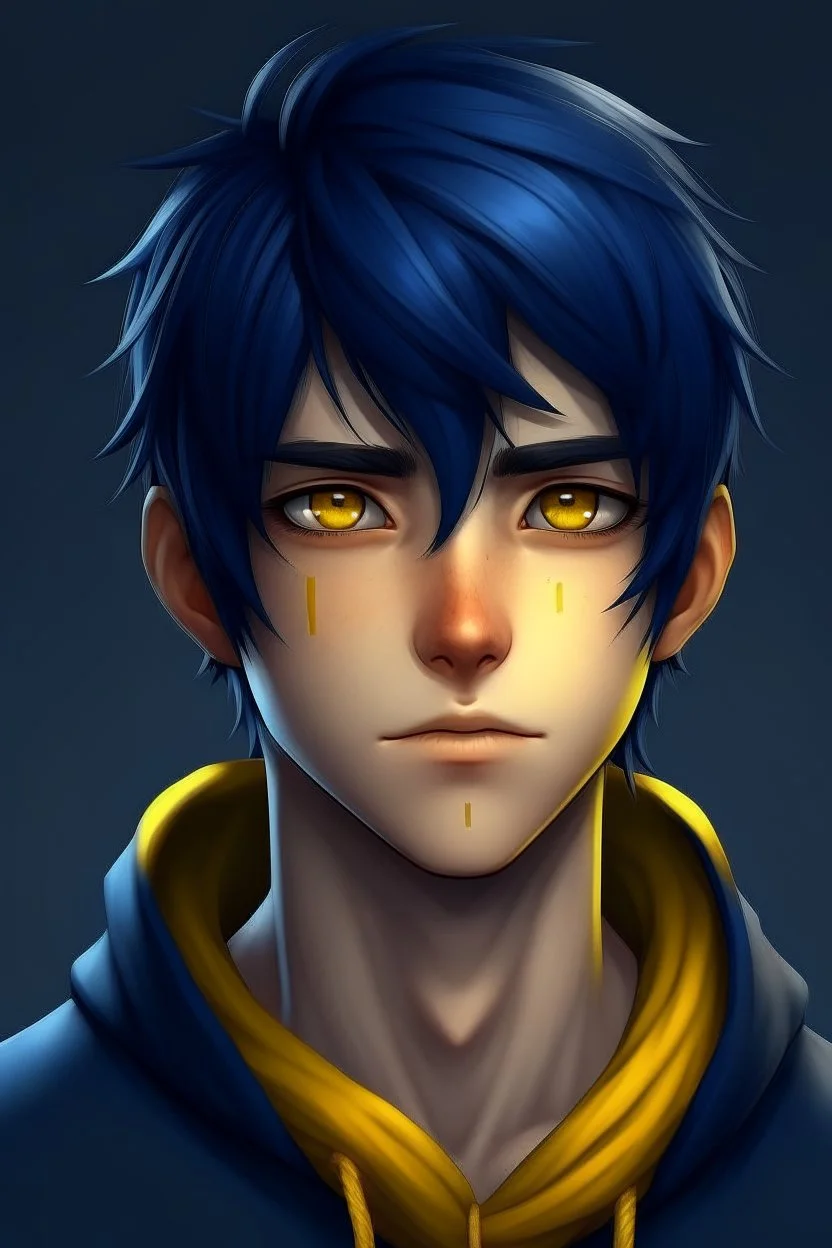 handsome young man with dark blue hair and yellow eyes anime realistic