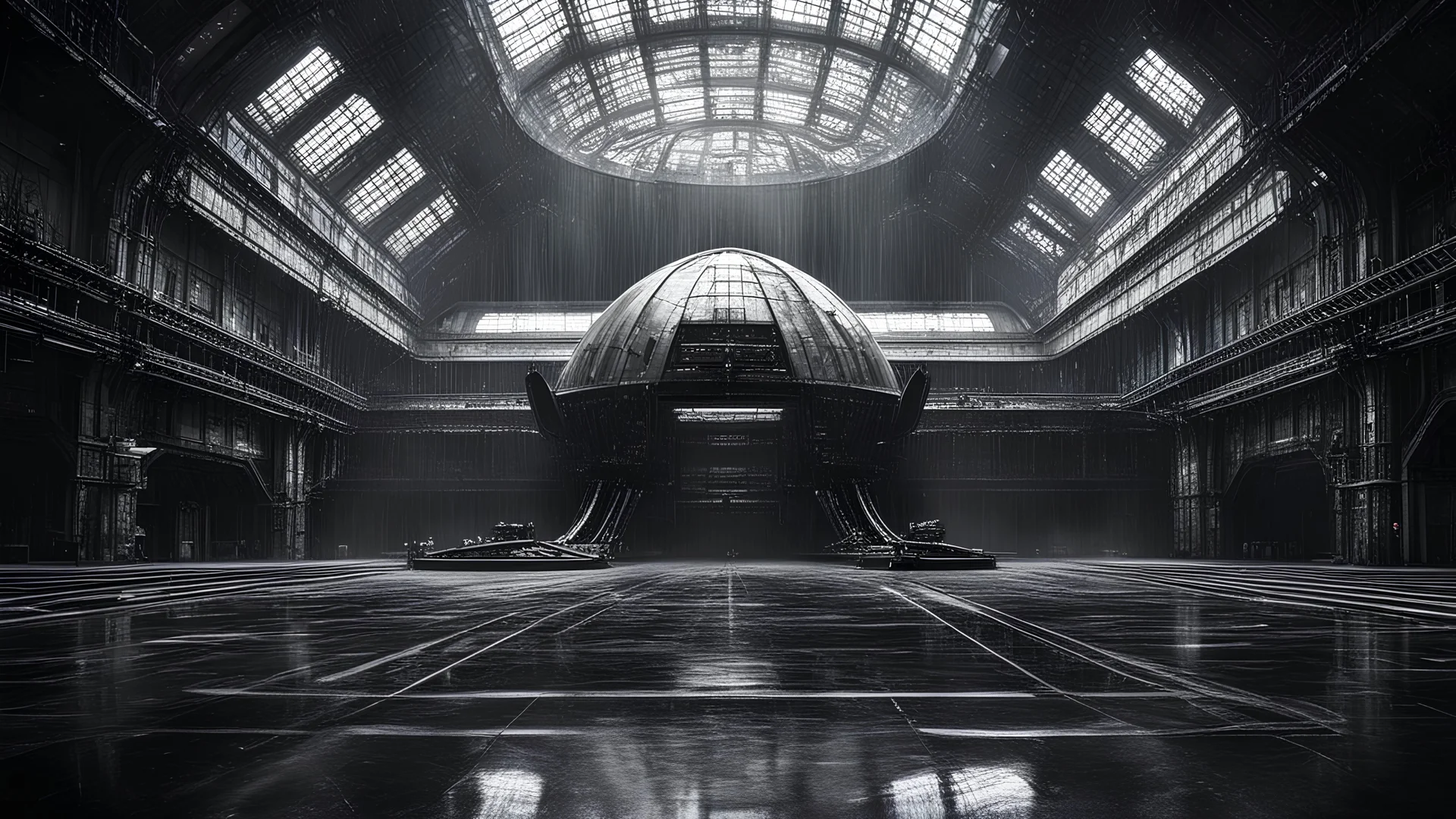 spaceship landing inside dark, wet, cathedral-like mysterious gigantic old futuristic sci-fi hangar, very high ceiling, photographic, black and white