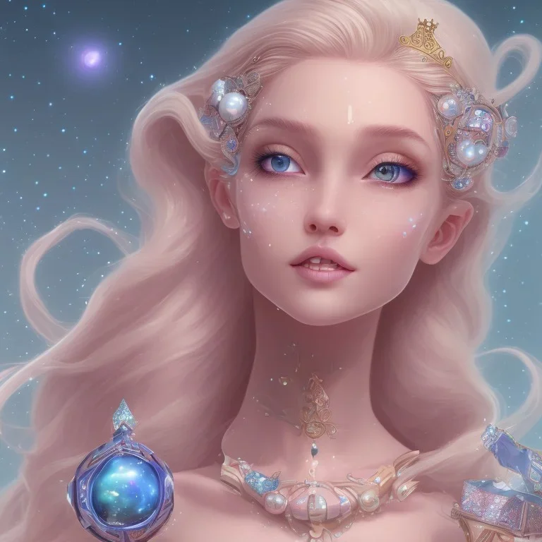 cosmic petit prince belle fine, profil de trois quart, grand front cosmique, peau bleu cristalline, yeux bleu, perle sur le front long cheveux blond et rose etoilé, cristaux sur le corps, collier de grande princesse, levres souriante, très jolie sourire