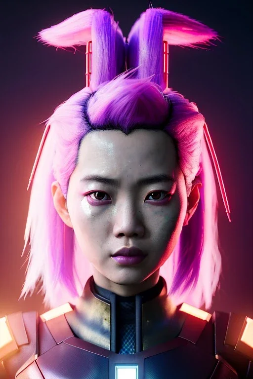 portrait, Asian cyborg woman, samurai warrior :: symmetry photography, cyberpunk style, pink hair, makeup, line eye :: black samurai armor, japanese traditional pattern, pink, white, black, light iris :: cinematic, Ultra realistic, dark scene, soft color, highly detailed, unreal engine 5, RTX, ultra detail, 3d, finely drawn, high definition.