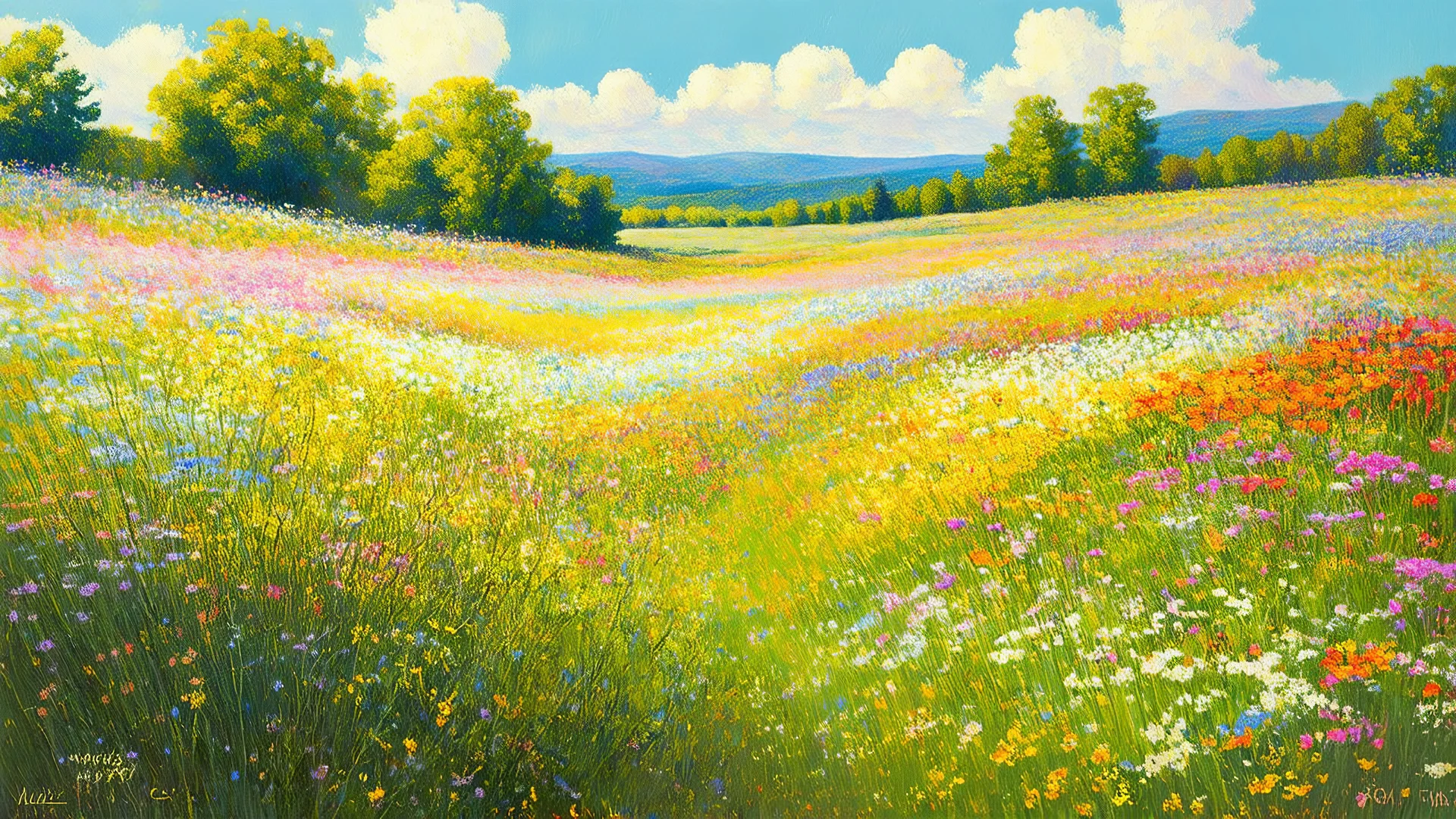 Realistic landscape painting of a field of wildflowers, delicate brushstrokes, soft natural lighting, inspired by the works of Thomas Moran and Claude Monet, (long shot), vibrant colors, detailed flora and fauna.