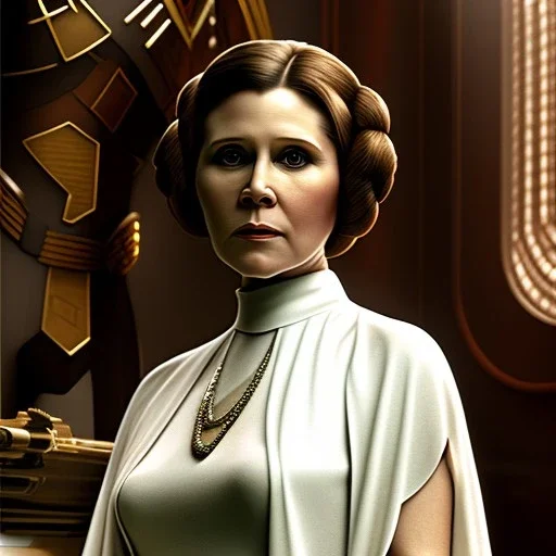 extremely detailed 8k hyperspace wallpaper,complete and photo realistic detailed head to waist stunning photo realistic portrait of carrie fisher as Princess Leia in star wars with photo realistic minimal and unpretentiously updo hair, brown eyes, professional majestic photo realistic painting by Ed Blinkey, Atey Ghailan, by Jeremy Mann, Greg Manchess, Antonio Moro, trending on ArtStation, Intricate, High Detail, Sharp focus, dramatic, by greg rutkowski, realism, beautiful and detailed lighting,