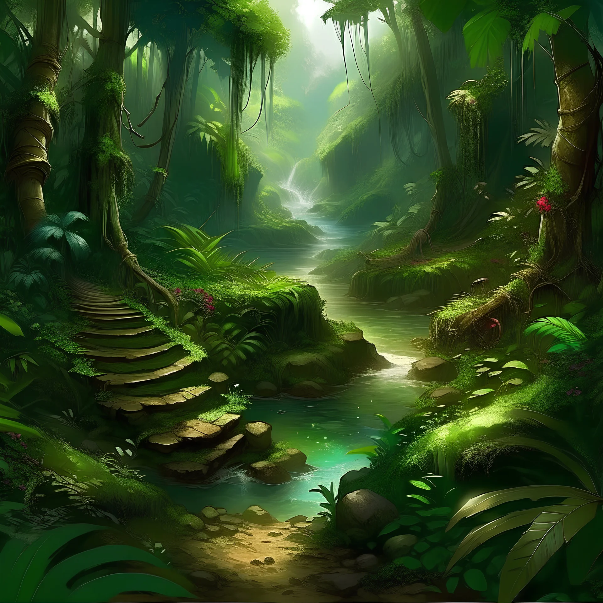 jungle path next to a river fantasy art